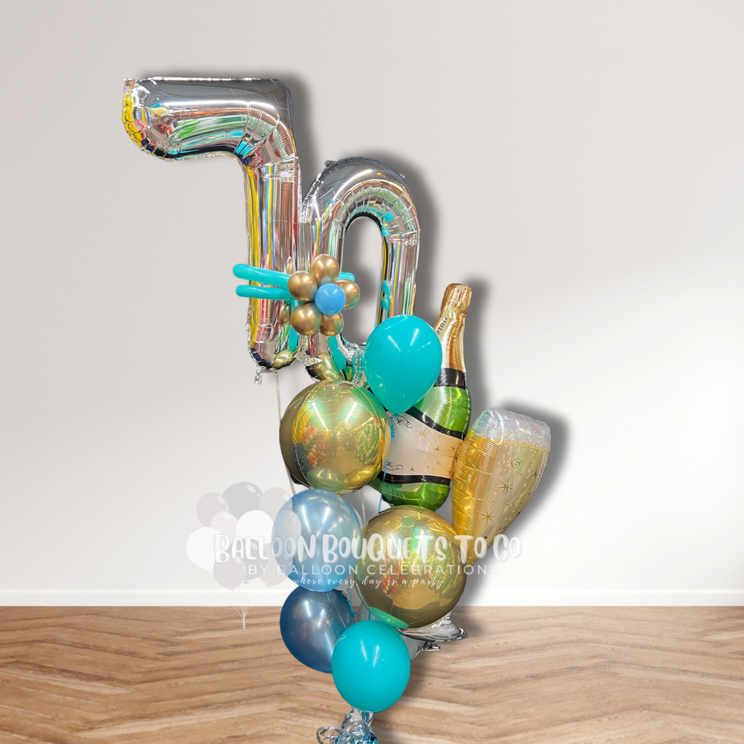 Champagne bottle and glass birthday balloon bouquet