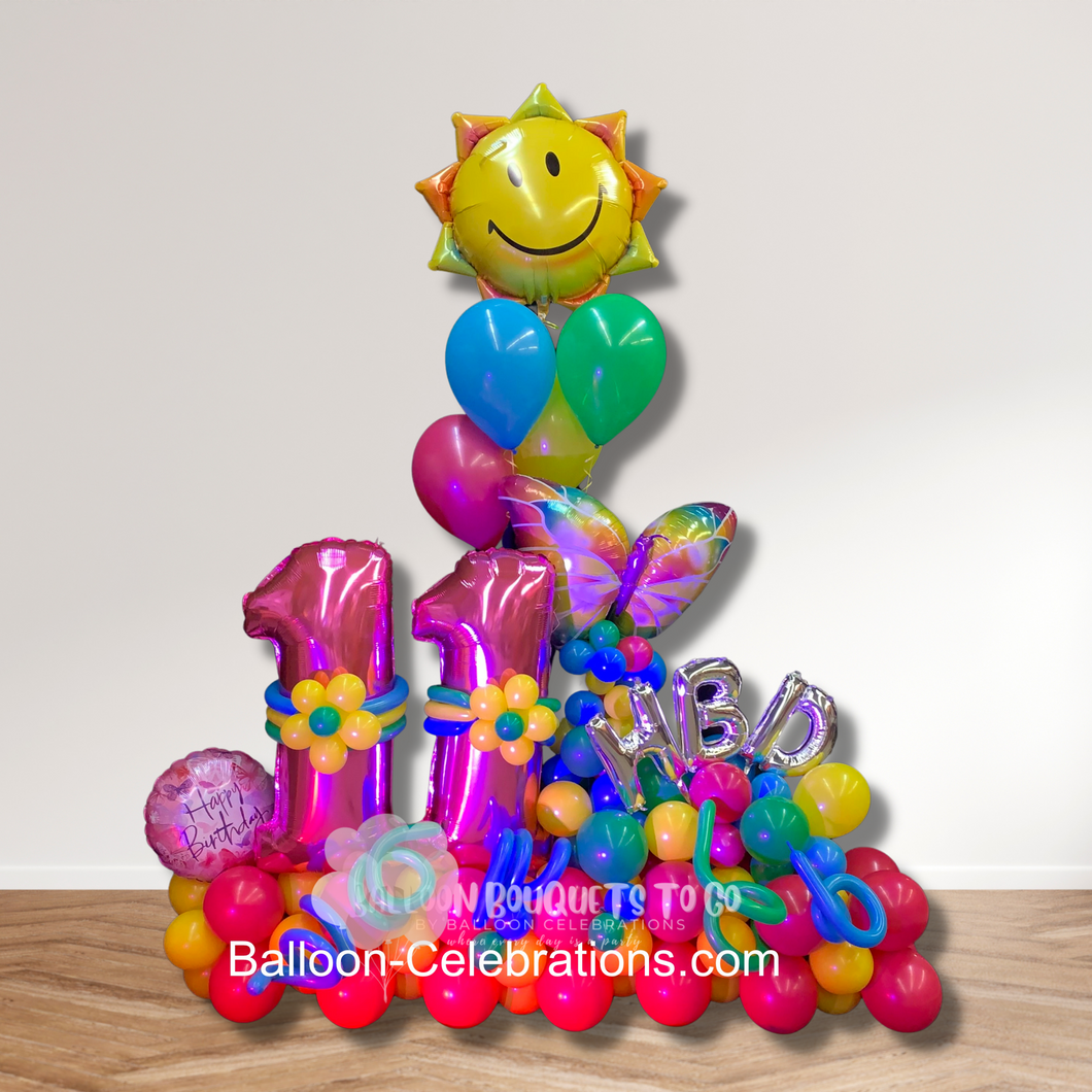 sun and flowers and butterfly birthday balloon bouquet spring